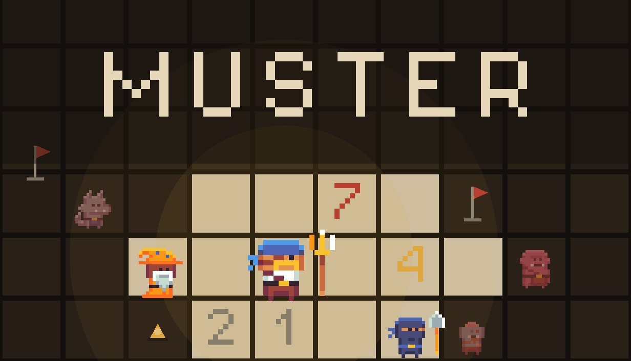 MUSTER key art with the title above a lit excavation grid and pixel-art adventurers